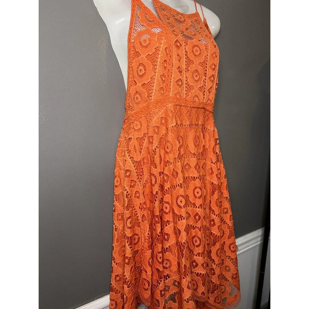 Free People Dress Womens 4 Orange Lace Halter Fit & Flare Short Boho Sundress